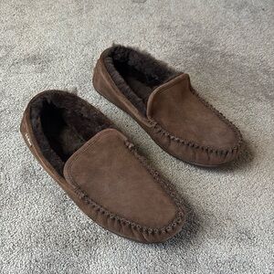 L.L. Bean Brown Suede Shearling Lined Moccasin Slippers SIZE 14